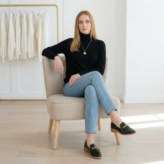 ⁠Mocasín de charol negro con cadena mujer