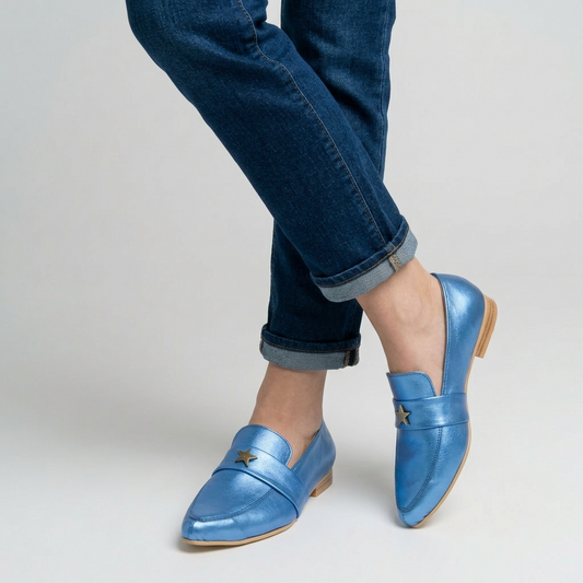 Mocasín azul metálico mujer