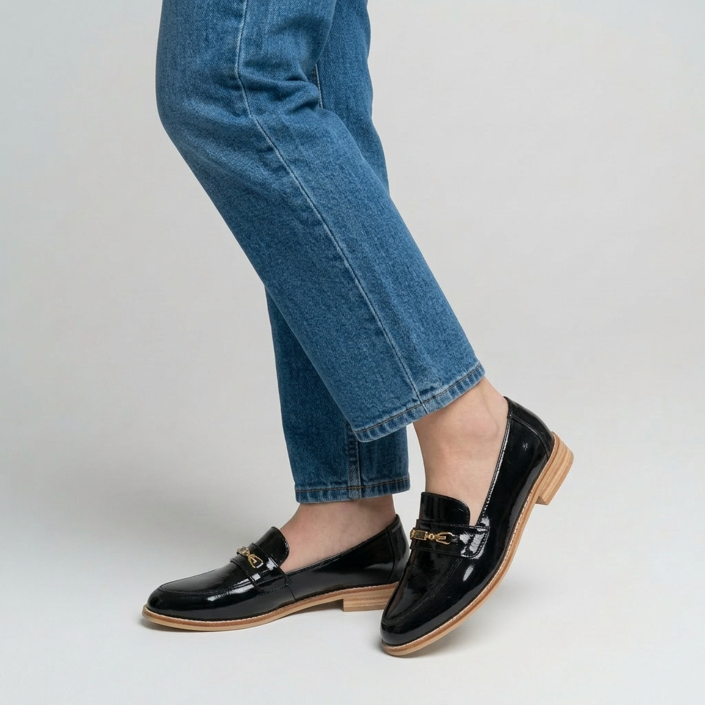 ⁠Mocasín de charol negro con cadena mujer